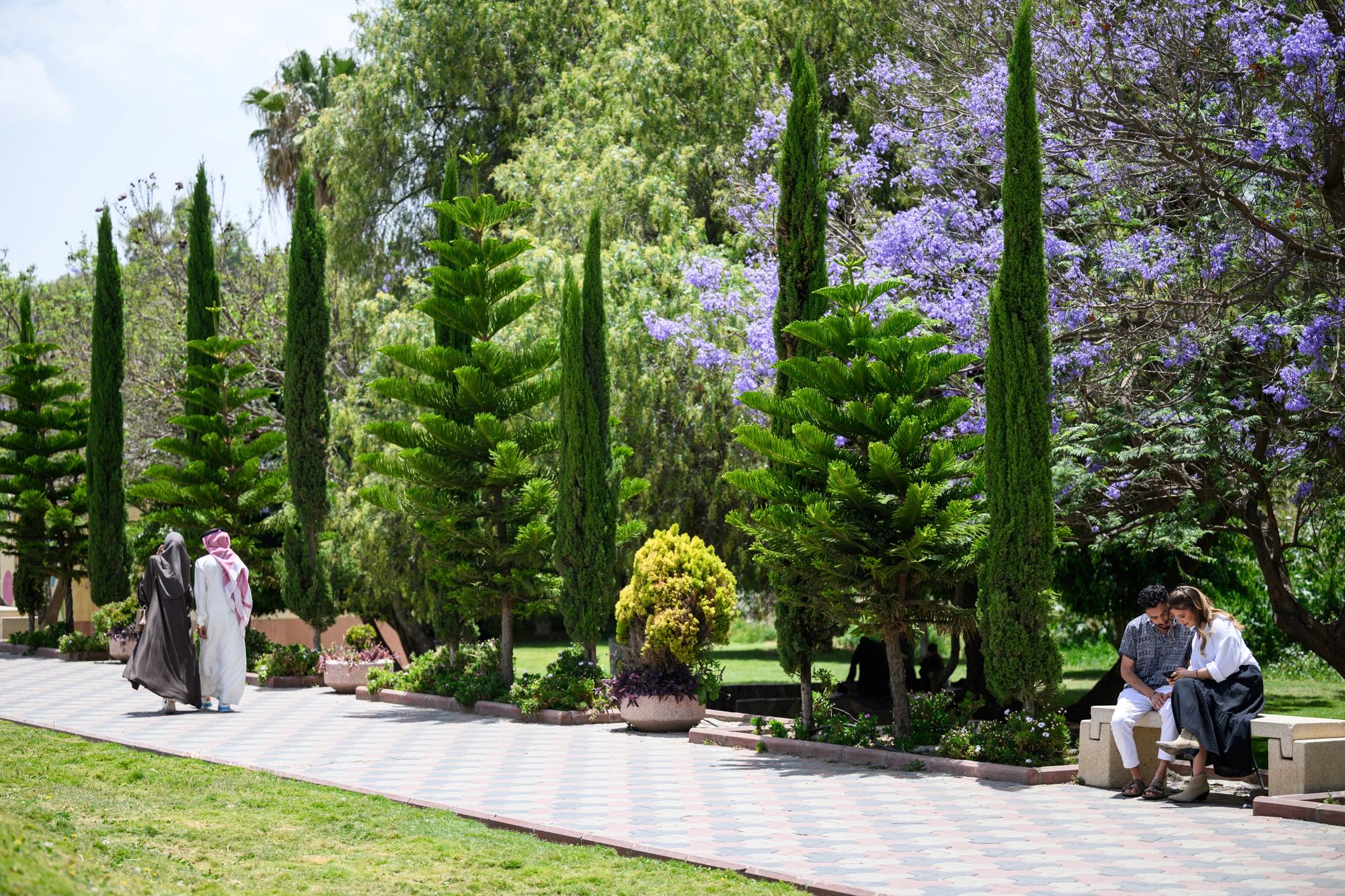 Peaceful outdoor setting with couples walking