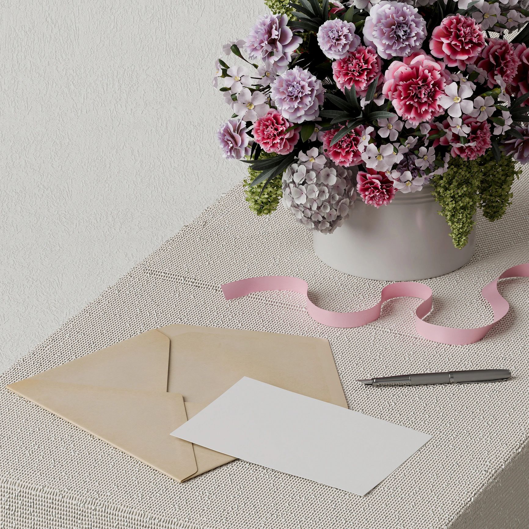Bouquet with envelope card ribbon and pen 3D render